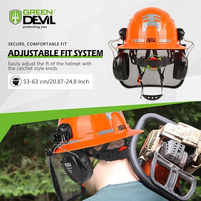 GREEN DEVIL Industrial Chainsaw Helmet with Face Shield Built in Visor and Ear Muffs 4 in 1 System ANSI Z89.1 Safety Hard Hat Adjustable Headgear Ideal for Forestry and Arborist Work Full Brim Style