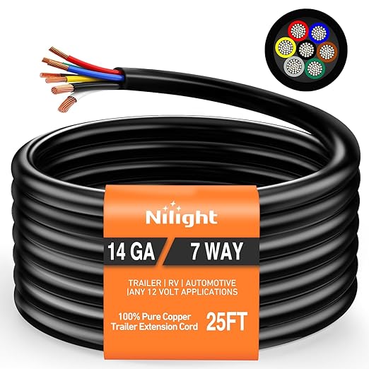 Nilight 25 Feet 7 Way Trailer Extension Cable RV Standard Wire 14 Gauge 7 Conductor 100% Pure Copper Insulated Heavy Duty Cord Weatherproof for 7 Pin Blade Truck Camper RV Automotive