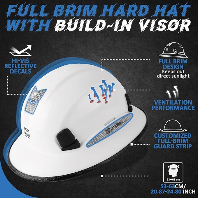 Full Brim Hard Hat with Built-in Visor, ANSI Z89.1 OSHA Approved Construction Safety Helmet with Chin Strap for Men Women