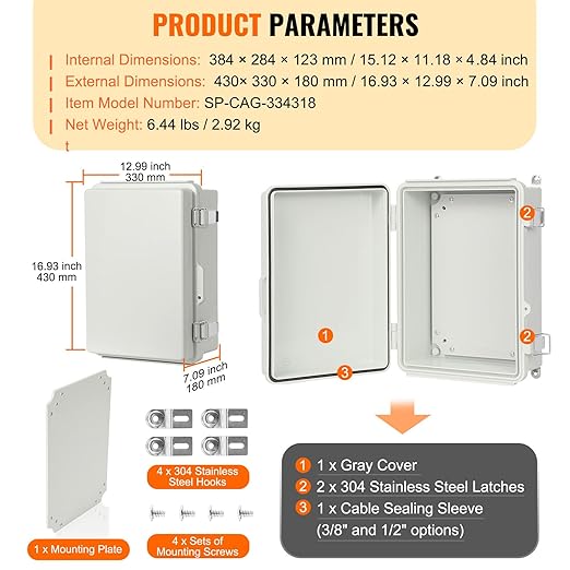 VEVOR Weather-Resistant Junction Box, Dimensions: 16.93x12.99x7.09 inches, Crafted from ABS Plastic with a Secure Hinged Lid and Stainless Steel Lock, IP67 Rated for Ultimate Dust and Water Protect