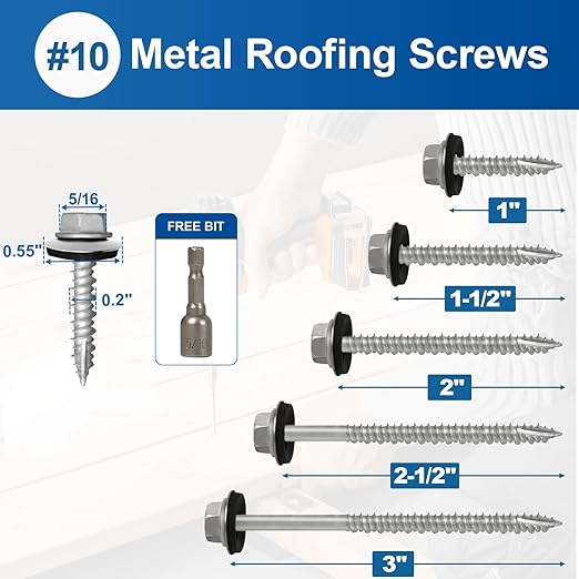 Metal Roofing Screws #10×1Inch, 320-PCS, Hex Head Rustpert Coating Sheet Metal to Wood Siding Screw with EPDM Rubber Washer, Sharp Point, Hex Socket Included