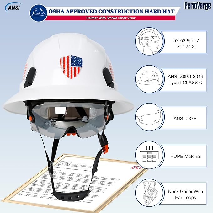 Full Brim Hard Hats Construction OSHA Approved with Visor-Vented Hard Hat with Neck Gaiter with Ear Loops,Safety Hard Hats for Men with Chin Strap ANSI Z89.1 Type 1 Class C,6-pt Suspension