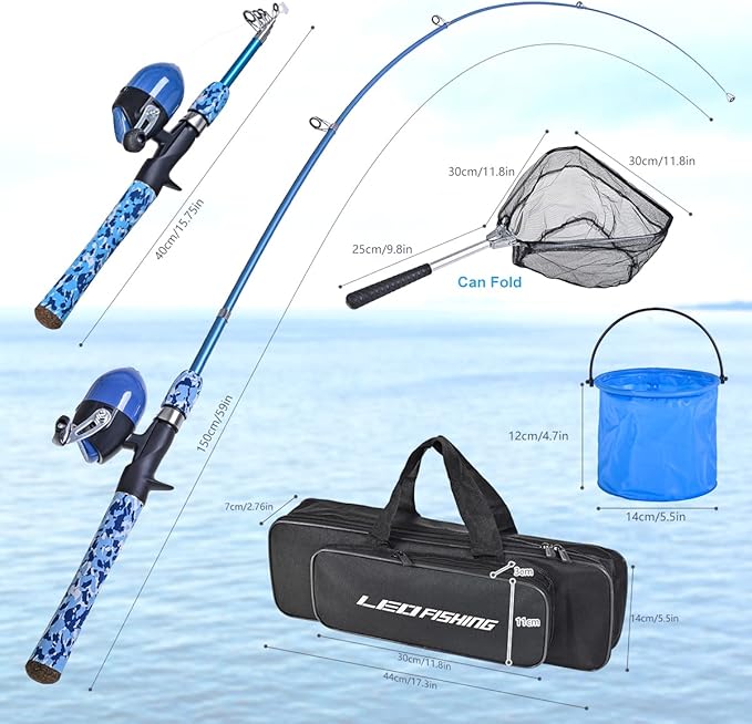 LEOFISHING Kids Fishing Pole Set with Full Starter Kits Portable Telescopic Fishing Rod and Spincast Reel with a Fishing Net and Bucket for Boys Girls and Youth