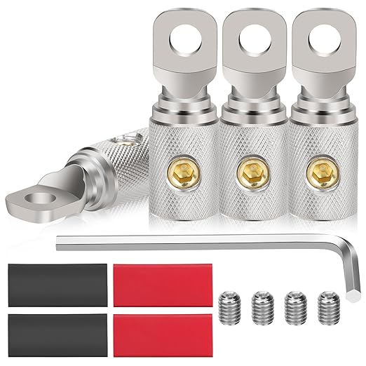 Linkstyle 4PCS 0 Gauge Screw Ring Wire Terminal Connectors, 1/0 AWG Car Battery Cable Audio Amplifier Wire Butt Connectors, with Wrenches Screws Heat Shrink Tubing