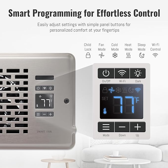 Register Booster Fan for 4" x 10" Register Holes, Quiet Vent Fan Booster with Intelligent Thermostat, Improves Heating Cooling, App Control, 10-Speeds, Manhattan Smart Register Vent, SN