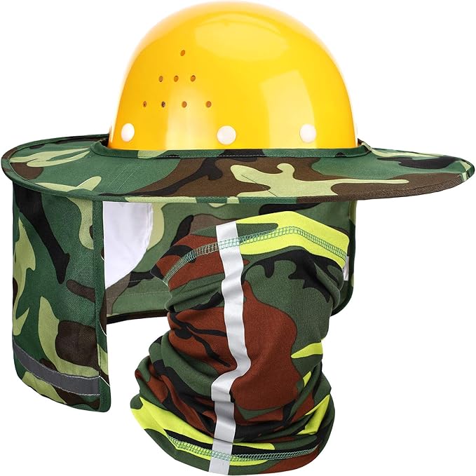 SATINIOR 2 Pcs Sun Hard Hat Neck Protection High Visibility Full Brim Mesh Sun Protection and Neck Gaiter Bandana Face Scarf for Construction Helmet Hard Hat Accessories, Reflective(Camouflage Green)