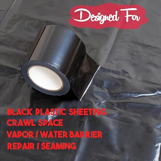 Vapor Barrier Tape, 7 Mil Black Polyethylene Tape Sealing Moisture Barrier Seam, Seal Tape for Crawl Space, Underlayment, Marine Use, White Insulation Tape, Waterproof, 6 Inch, 100 Foot Roll