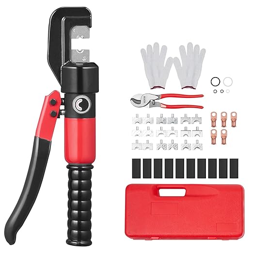 VEVOR Crimping Tool, AWG12-2/0 Copper And Aluminum Terminal Battery Lug Hydraulic Crimper, with a Cutting Pliers, Gloves, 5pcs Copper Ring Connectors, 8 x Heat Shrink Sleeves and a Blow Moulded Case
