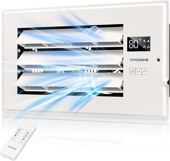 VIVOHOME Register Booster Fan - 6'' x 12'' Opening with Adjustable Louver - Smart Thermostat & 10-Speed Remote Control - AC Vent Fan for Floor, Ceiling, Wall - Quiet Operation (White)