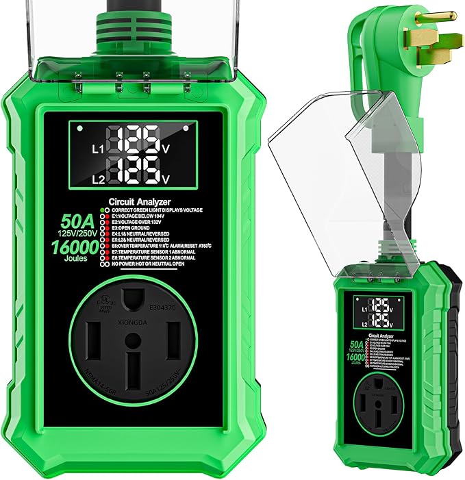 Rv Surge Protectors 50 Amp,16000 Joules Rv Circuit Analyzer with Waterproof Cover Safety Certification Led Display,Rv Voltage Protector for Camper, Travel Trailers (Green, 50A)