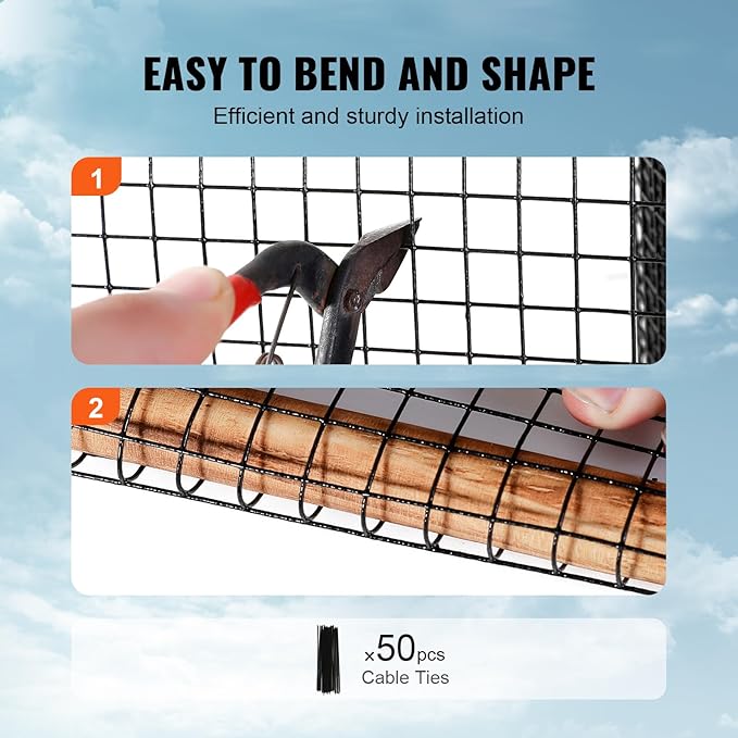 VEVOR 8inch x 98ft Critter Guard for Solar Panels, PVC Coated Wire Mesh Roll Kit with 50pcs Ties for Pigeon Deterrent, Bird, Squirrel Proof, Black