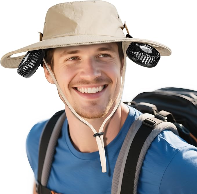 Cooling Sun Hat with Fan Rechargeable, UPF50+ Bucket Hat, 8-16H Neck Fan Hat for Camping Beach Essentials, Gift for Men Women