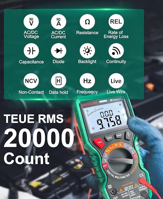 Multi Meter Digital Multimeter 20000 Counts Auto Ranging, Voltmeter for Voltage Current Resistance Diodes Continuity Frequency Duty Cycle Capacitance Temperature NVC Live