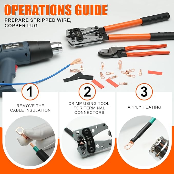 Battery Cable Crimper Tool For AWG 10-1/0 Gauge Electrical Lug with 60PCS Copper Wire Lugs, Battery Terminal Connectors with Cable Cutter, Wire Crimping Tool For Heavy Duty Copper Wire Lugs
