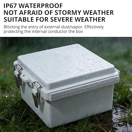 MAKERELE Small Electrical Junction Box Outdoor Weatherproof Gray Shell and IP67 ABS Grade Plastic with Hinged Cover, Mounting Plate,Wall Bracket,Stainless Steel Buckle and 1/4" NPT*2 (5.9"×5.9"×3.5")