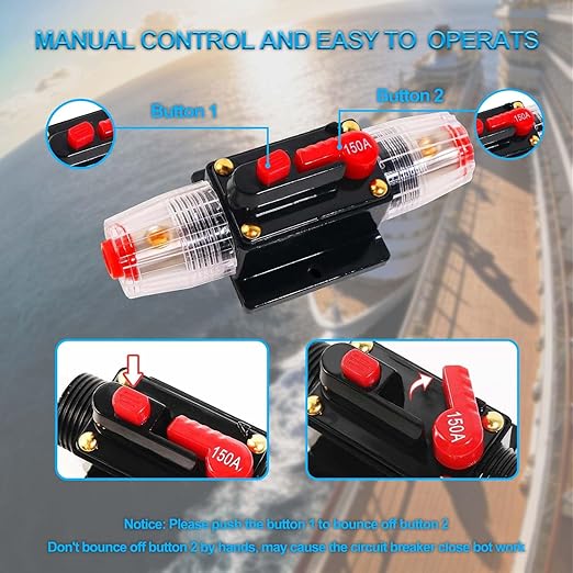 150 Amp Circuit Breaker 12V DC, 2-Pack Resettable Inline Fuse Holder Replacement with Manual Reset for Car Audio Amplifier, Marine Boat Trolling Motor, Auto Sound System Protection 150A Breaker
