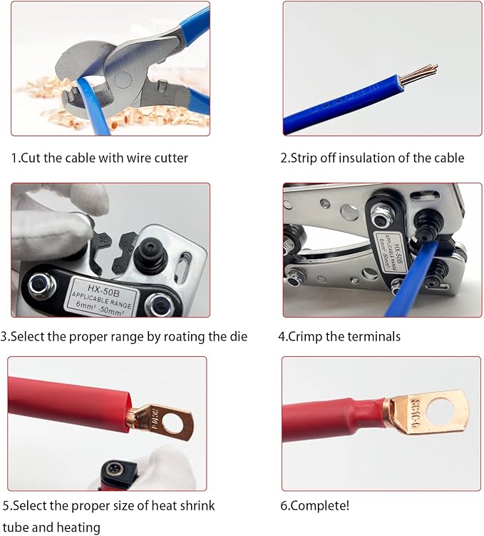 Cable Lug Crimping Tool with 100Pcs Copper Wire Lugs, Battery Cable Lug Crimping Tool Kit for AWG 10-1/0, Cable Cutter, 130Pcs Heat Shrink Tubing,Battery Terminal Crimper Tool