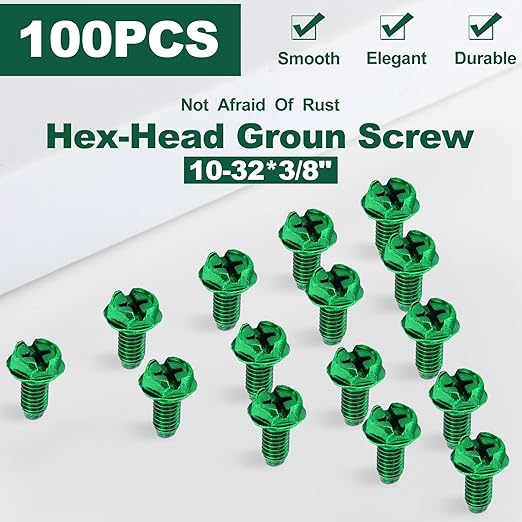 Tandefio 100 Pcs Ground Screws for Electrical Box, 10-32 x 3/8 Inch Green Hex Head Grounding Screw Combo Slotted Hex Washer Head for Electrical Junction Box, Metal Outlet and Switch Boxes