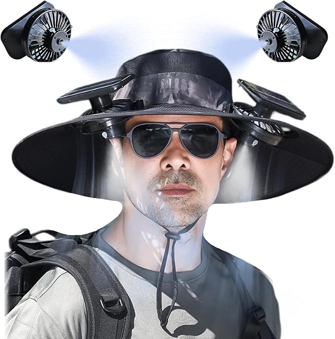 Solar Fan Hat with Mist, Mens Wide Brim Solar Power Fans Hat with Built in Fan, USB Solar Charging for Outdoor Fishing