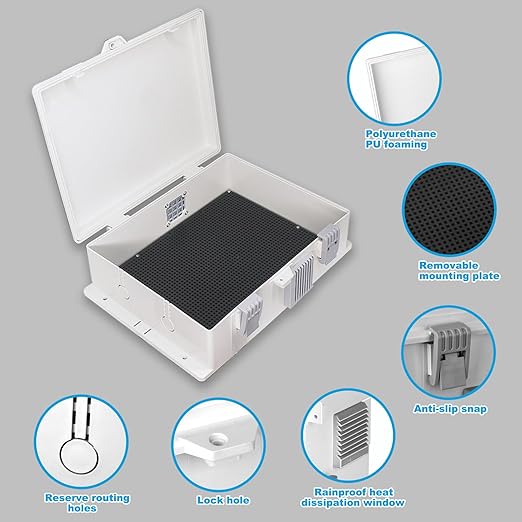Electrical Junction Box, Outdoor Water Resistant Nema Enclosure, Ventilated ABS Plastic WiFi Project Box with Internal Mounting Panel & Hinged Cover 13" L x 9" H x 3.7" W