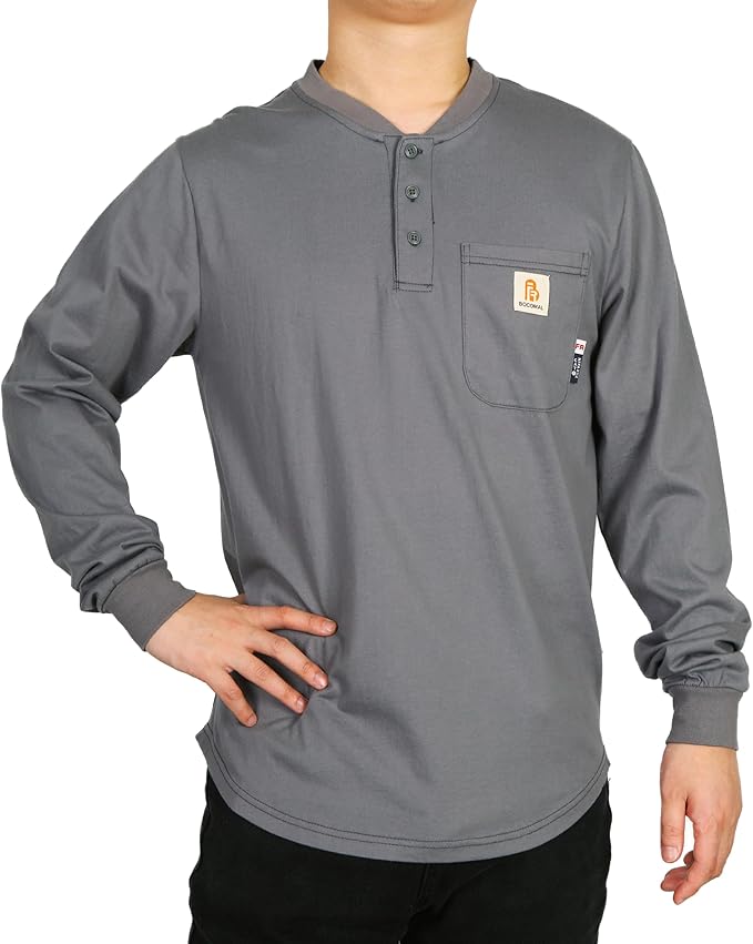 BOCOMAL FR Shirts 6oz Lightweight Flame Resistant Long Sleeve Henley Shirt Fire Retardant Workwear NFPA2112 CAT2