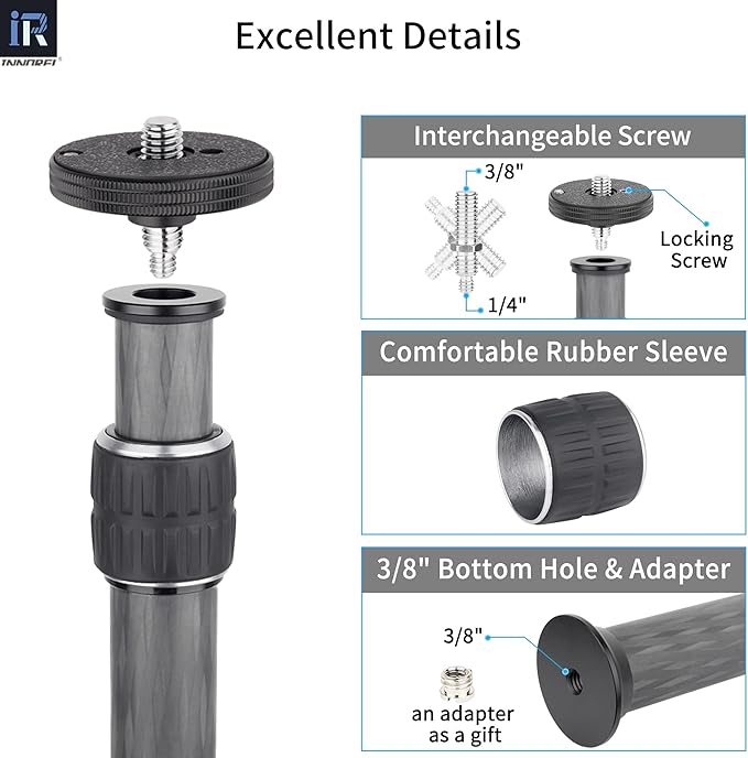 INNOREL ER252C Universal 10 Layers Carbon Fiber Tripod Center Column Extension Pole Extender-Tripod Two-Section Mid-Column Extension Rod Pole for Tripod Monopod DSLR Camera 25.6mm Tube