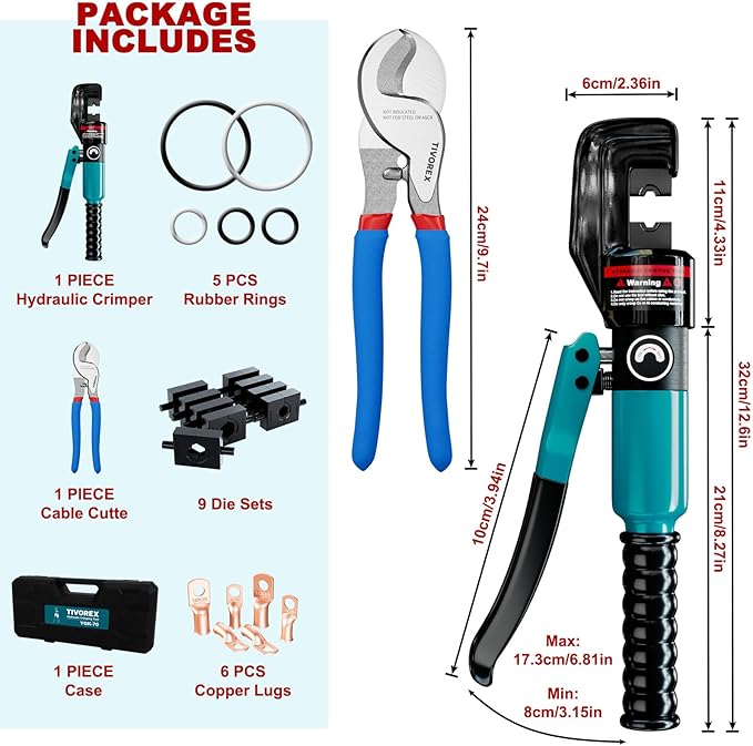 Hydraulic Crimping Tool and Cable Cutter, 12 AWG to 00 (2/0), 10 Tons Electrical Terminal Cable Wire Tool Kit with 9 Die Sets and 6pcs Ring Terminals