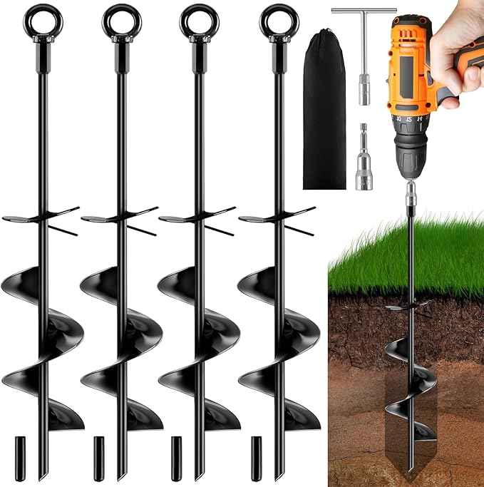 Ground Anchors Screw in Kit, 18 Inch Spiral Trampoline Anchors with Reinforced Blade, Ground Stakes High Wind Heavy Duty for Camping Tent Swing Set Carport Shed Mobile Home Dog Tie Out, 4 Pack