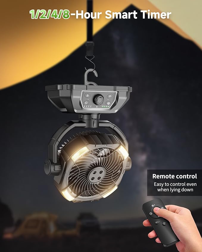 Misting fan with 7L bucket 90°Oscillating ,4 Spray Mister 25000mAh Rechargeable Camping fan with Remote Control Stepless Speed and Timer for Patios/Camping，Waterproof Design Outdoor Fans (Black)