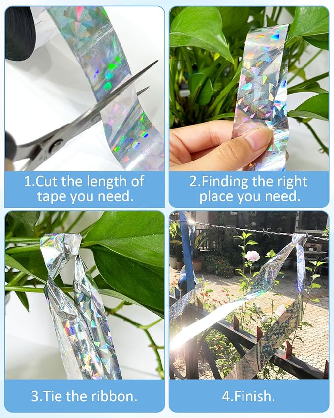 2×502 Ft Bird Scare Tape Ribbon, Double Sided Holographic Flash Reflective Bird Tape, Deterrent Visual Audible Bird Repellent Devices for Outdoor, Garden, Balcony (Regular)