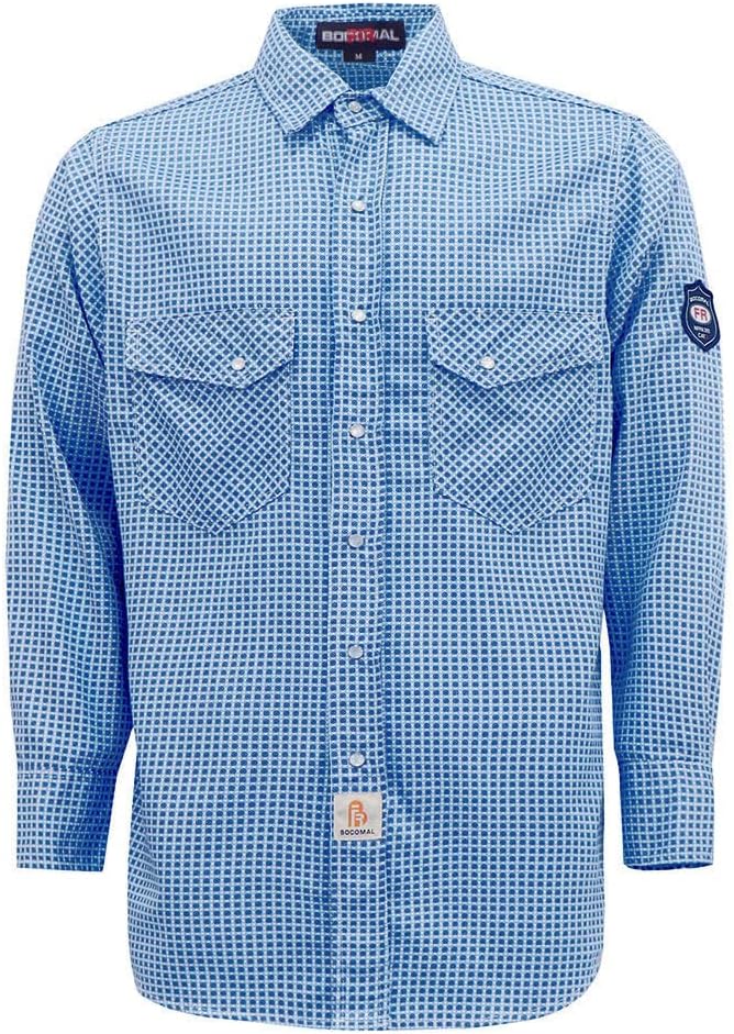 BOCOMAL FR Shirts for Men Printed Plaid Flame Resistant Clothing 6.5oz Cotton Button Up Welding Shirts NFPA2112 CAT2