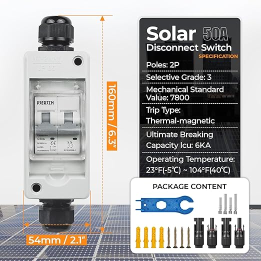 Solar Panel Disconnect Switch 50A 550V Solar Shut Off Switch 2 Poles Outdoor DC Miniature Circuit Breaker Box, IP65 Waterproof UV-Proof for Solar PV Home (50 Amp)