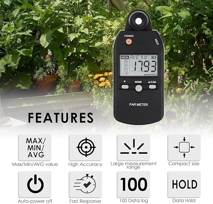 Quantum PAR Meter for LED Grow Light Full Spectrum PPFD Meter High Precision Quantum Sensor, Light Meter for Plants, Greenhouse and Farming Lux Meter Tester 400-700nm