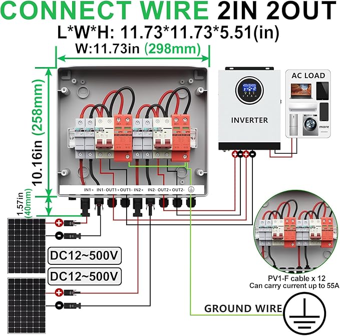 2 String Solar PV Combiner Box 2 in 2 Out IP65 DC500V 32A Circuit Breaker with Surge Protector and 30A PV Fuse,Solar Disconnect Switch Outdoor Waterproof for Solar Panels System