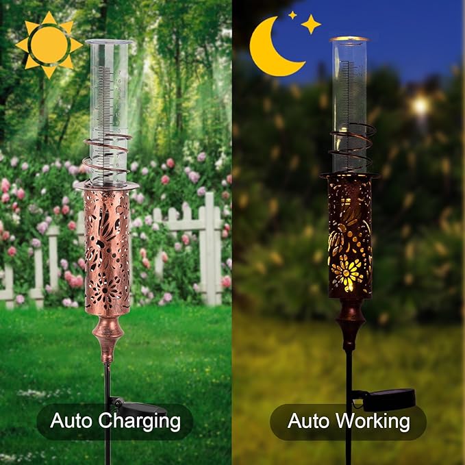 Rain Gauge Outdoor, Solar Rain Gauges for Yard, Freeze Proof Rain Gauge with 7" Plastic Tube, Copper Metal Decorative Garden Stake with Led Light, Brown