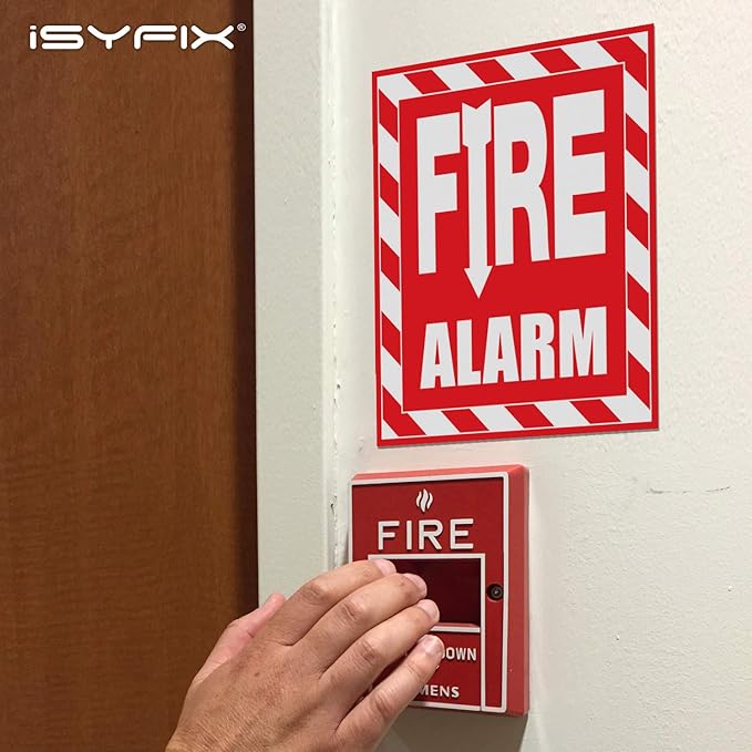iSYFIX Fire Alarm Sticker Signs Stickers - 4 Pack 6x7 Inch - Premium Self-Adhesive Vinyl, Laminated for Ultimate UV, Weather, Scratch, Water and Fade Resistance, Indoor and Outdoor Red