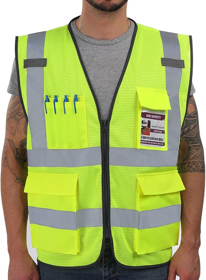 Dib Safety Reflective Vest ANSI Class 2, High Visibility Vest with Pockets and Zipper, Construction Work, Hi Vis
