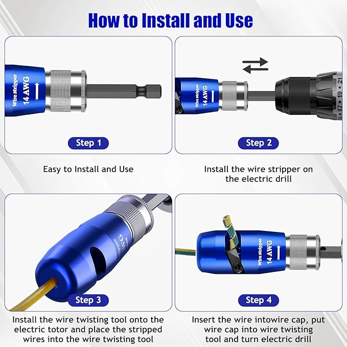 Wire Stripper Twister Tool for Drill,2026 Upgraded Wire Stripping Tool & Wire Twisting Connector for Cutters 6-14 AWG,8 In 1 Professional Electrician Twister Stripping with 70 PCS Wire Nut 5 PCS Blade