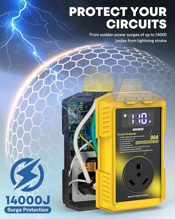 Kohree RV Surge Protector 30 Amp, 14000 Joules Power Surge Voltage Protection, RV Adapter Plug with Waterproof Cover Auto Shut Off LED Display Circuit Analyzer for Travel Trailers Camper-30A Yellow