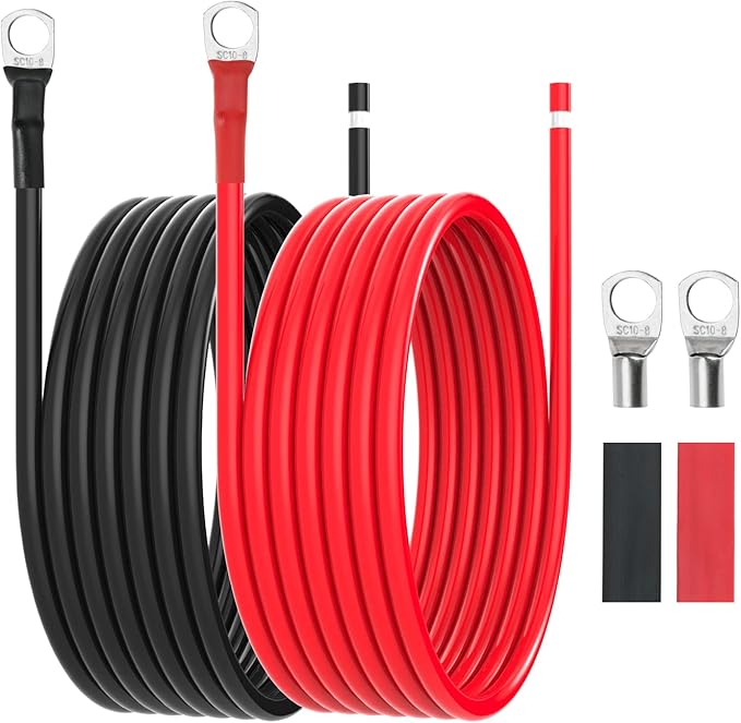 10 AWG Battery Cables 10 Gauge Solar Panel Wire Tinned Copper Extension Cable with 5/16'' Lugs for RV Solar Panel Car Automotive (10AWG 10FT)