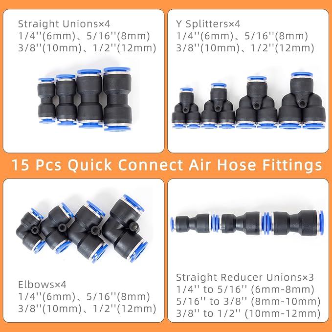 Push to Connect Fittings Air Line Disconnect Tool Kit Push Fitting Removal Tool for 1/4”, 5/16”, 3/8”, 1/2” (6mm, 8mm,10mm,12mm) Quick Connect Release Pliers with 15 Pcs Pneumatic Fittings