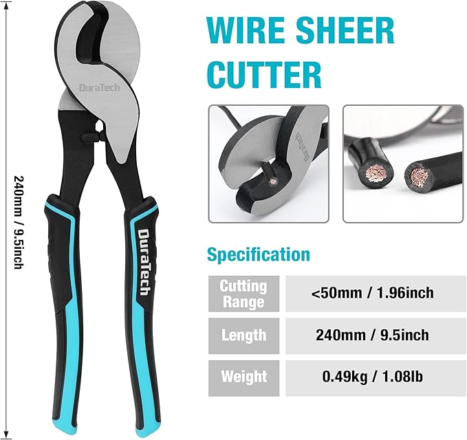 DURATECH Battery Cable Lug Crimping Tool with Wire Cutter-Wire Crimper Tools-AWG 10 8 6 4 2 1/0-Battery Terminal Crimper for Heavy Duty Wire Lugs, Copper Lugs