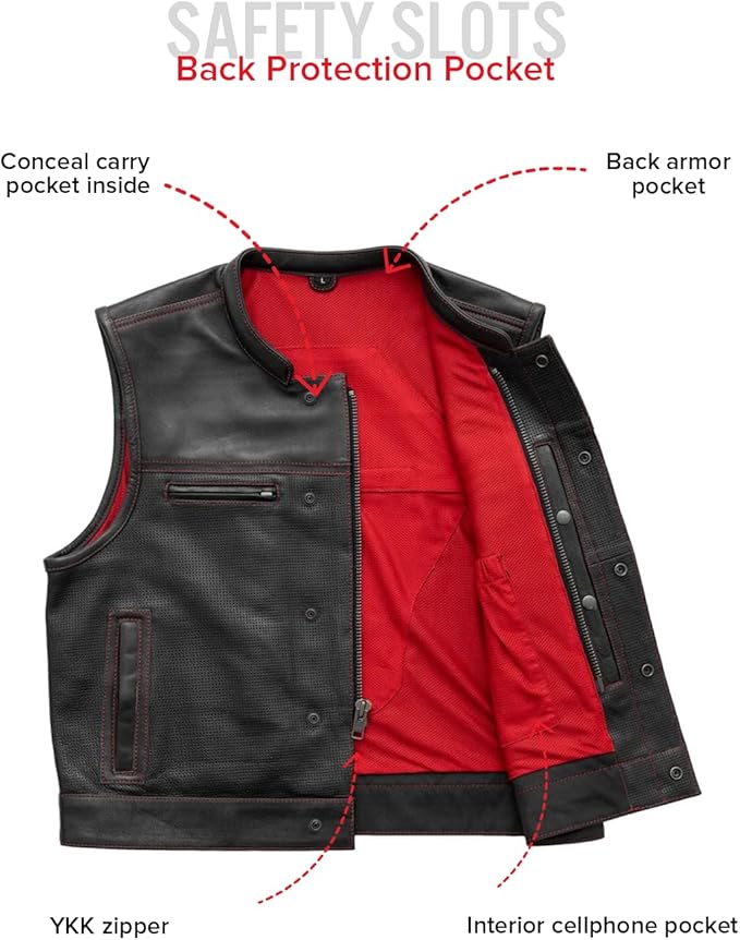 First Mfg Co Lowrider Mens Motorcycle Biker Riding Armor Club Style Black Leather, Twill, Moto Mesh, Perforated Vest