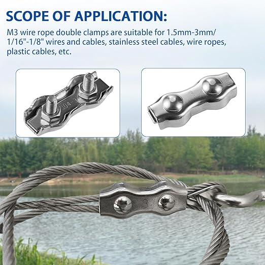 M3 Stainless Steel Duplex Wire Rope Clips 12Pcs, 1/8 Inch Double Bolt Cable Clamp for 1.5-3mm Wire Cables