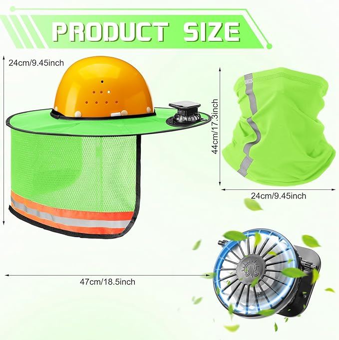 1 Set Sun Hard Hat with Solar Fan Shade Full Brim Hard Hat and Neck Sunshade Cover High Visibility Full Brim Mesh with Reflective Strip for Outdoor Summer Protection