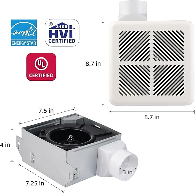 Tech Drive Very Quiet Bathroom Exhaust Fan - 50 CFM, 1.2 Sone, No Attic Access Needed, Energy Star Certified, Easy to Install,3-Inch Duct, Ceiling or Wall Mounted for Bathrooms Up to 55 Sq. Ft, White