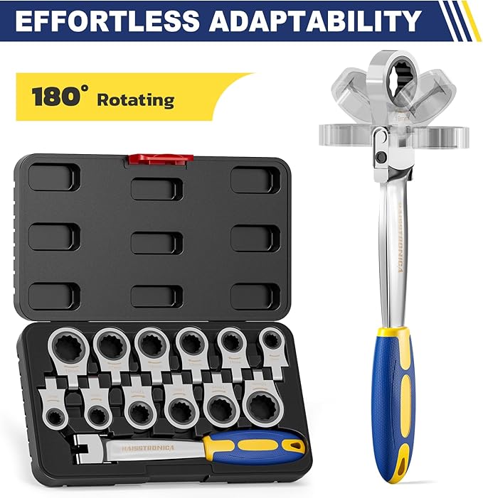 haisstronica 12 in 1 Interchangeable Heads Ratcheting Combination Wrench Set, 8-19mm Metric Flex Head Ratchet Wrench Tool for Auto, Tools for Men Gifts