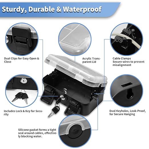 Small Outdoor Electrical Box (Inner 6.7x4x2.5),IP54 Waterproof Extension Cord Cover w/2 Cable Entry Ports,Weatherproof Connection Box for Power Strip,Timer,Plug, Holiday Lights, Black(1pack)