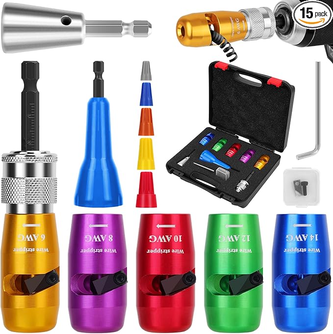 Makerfire Wire Stripper for Drill (US Regulations 14-12-10-8-6 AWG), Wire Twister tool for Drill, Drill Wire Stripper and Twister kit, Professional Electrician Tools Set(15pcs)