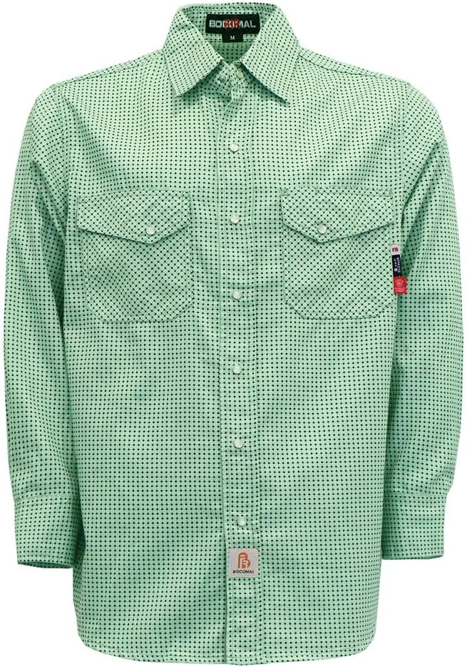 BOCOMAL FR Shirts for Men Printed Plaid Flame Resistant Clothing 6.5oz Cotton Button Up Welding Shirts NFPA2112 CAT2